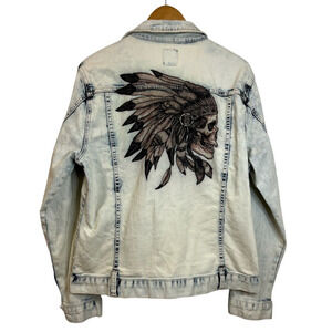 G by‎ Guess Men's Indian Skull Headdress Denim Jacket Medium